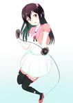  black_hair gloves k-on! long_hair microphone mkt nakano_azusa red_eyes thighhighs twintails two_side_up 