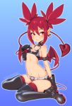  2019 5_fingers armband belt blue_background blush boots buckle clothed clothing coffeechicken collar demon disgaea ear_piercing etna female flat_chested footwear gloves hair heel_boots humanoid kneeling legwear midriff navel not_furry piercing pointy_ears red_eyes red_hair short_hair shorts simple_background skull_earrings solo spade_tail standing stockings thigh_boots thigh_highs video_games wings 