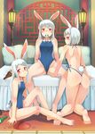  :/ animal_ears ass bad_id bad_pixiv_id barefoot blush bottle breasts bunny_ears bunny_tail collarbone cup cushion feet groin highres kneeling lamp long_hair looking_at_viewer looking_back mouth_hold multiple_girls on_floor original pink_eyes profile sakazuki sake_bottle short_hair silver_hair sitting small_breasts smile soles spread_legs tail toes u_(mikaduki0720) 