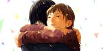  1girl black_hair brown_hair emu_taro hug madotsuki sekomumasada_sensei tears yume_nikki 