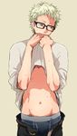  beige_background belt blonde_hair boxer_briefs covering_mouth cowboy_shot glasses green_eyes groin haikyuu!! highres long_sleeves looking_away male_focus male_underwear midriff navel open_clothes open_fly shirt shirt_lift solo sweat t-shirt tsukishima_kei underwear unzipped zkakq 