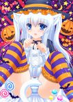  :d animal_ears bat blue_eyes candy cat_ears cat_tail food frills halloween hat highres jack-o'-lantern lollipop long_hair looking_at_viewer open_mouth original panties pantyshot pantyshot_(sitting) shimotsuki_keisuke sitting smile solo striped striped_legwear striped_panties tail thighhighs two_side_up underwear white_hair witch_hat 