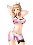  adjusting_hair armpits arms_behind_head arms_up bike_shorts blonde_hair blue_eyes breasts cameltoe cleavage contrapposto covered_nipples cowboy_shot gundam gundam_build_fighters gundam_build_fighters_try hoshino_fumina kaminagi_(kaminagi-tei) large_breasts looking_at_viewer mouth_hold navel ponytail solo sports_bra standing white_background 