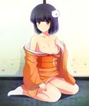  2ch black_hair flat_chest japanese_clothes kimono kimono_pull monacoin-chan monar neko_kuruto nipples obi off_shoulder pussy red_eyes sash sitting socks solo 