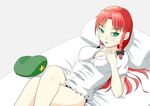  absurdres bottomless bow braid green_eyes hair_bow hat hat_removed headwear_removed highres hong_meiling long_hair lying on_back on_bed pillow red_hair shirt solo tetsuo_(guppawon) touhou twin_braids white_shirt 
