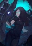  aqua_eyes black_hair black_pants black_shirt cowboy_shot glowing glowing_eyes kantai_collection light_smile long_hair looking_away looking_to_the_side machinery pants ru-class_battleship shinkaisei-kan shirt short_sleeves solo underwater usanekorin 