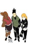  1girl 2boys akimichi_chouchou black_hair blonde_hair breasts brown_hair cleavage crossed_arms dark_skin flak_jacket green_eyes hair_over_one_eye hands_in_pockets johannathemad large_breasts multiple_boys nara_shikadai naruto naruto:_the_last older pale_skin standing yamanaka_inojin yellow_eyes 