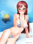  arm_support bad_id bad_pixiv_id bare_shoulders beargguy_iii bikini blush breasts brown_hair cameltoe cleavage covered_nipples green_eyes gundam gundam_build_fighters gundam_build_fighters_try kamiki_mirai kanzaki_muyu large_breasts long_hair lying navel nipples on_side pool poolside see-through smile solo striped striped_bikini swimsuit twitter_username water 