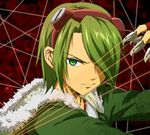  akame_ga_kill! coat gloves goggles goggles_on_head green_eyes green_hair hair_over_one_eye hood hoodie long_sleeves lubbock male_focus solo upper_body wire 