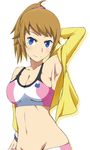  anzuu arm_behind_head armpits blue_eyes breasts brown_hair gundam gundam_build_fighters gundam_build_fighters_try hoshino_fumina jacket looking_at_viewer medium_breasts navel ponytail short_hair simple_background smile solo sports_bra white_background 