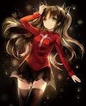  arm_up bad_id bad_pixiv_id black_background black_legwear brown_hair fate/stay_night fate_(series) glowing green_eyes hair_ribbon hanchan hand_on_own_head light_particles long_hair long_sleeves ribbon shirt skirt solo star thighhighs toosaka_rin two_side_up zettai_ryouiki 