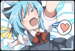  blue_dress blue_hair bow cirno closed_eyes commentary_request do_(4-rt) dress fang hair_bow heart ice ice_wings open_mouth puffy_short_sleeves puffy_sleeves shirt short_sleeves smile solo spoken_heart touhou viewfinder wings 