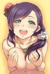  aqua_eyes braid breasts covering covering_breasts deyuuku hair_over_shoulder hat large_breasts long_hair looking_at_viewer love_live! love_live!_school_idol_project purple_hair scrunchie sketch smile solo toujou_nozomi 