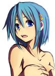  blue_eyes blue_hair breasts covering covering_breasts hair_ornament hairclip mahou_shoujo_madoka_magica medium_breasts miki_sayaka nude open_mouth passevo short_hair simple_background sketch solo white_background 