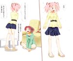  casual kaname_madoka long_hair mahou_shoujo_madoka_magica mokke_(mokeringu) multiple_girls ponytail red_eyes red_hair sakura_kyouko short_hair short_twintails skirt translated twintails 