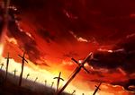  bad_twitter_id blurry cloud depth_of_field fate_(series) field_of_blades no_humans orange_sky planted_sword planted_weapon sakura_yuki_(clochette) scenery sky sword weapon 