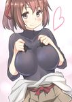  absurdres blush breasts brown_eyes brown_hair hair_ribbon highres impossible_clothes impossible_sweater ise_(kantai_collection) kantai_collection large_breasts long_hair ponytail ribbon ryuki_(ryukisukune) short_hair smile sweater turtleneck 