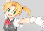  :d arm_up blonde_hair gloves green_eyes grey_background kamoto_tatsuya kantai_collection looking_at_viewer maikaze_(kantai_collection) open_mouth outstretched_arms short_hair short_ponytail smile solo spread_arms twitter_username upper_body vest white_gloves 