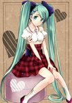  dress green_eyes green_hair hair_ornament hairclip hatsune_miku heart long_hair looking_at_viewer ruchiru sitting smile socks solo twintails very_long_hair vocaloid 