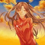  ^_^ arms_behind_back blush brown_hair closed_eyes cloud fate/stay_night fate_(series) gem glint jewelry long_hair long_sleeves necklace pendant skirt sky smile solo sunset tears toosaka_rin two_side_up xxx_yc05 