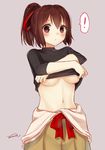  1girl artist_name bad_id bad_twitter_id blush breasts brown_eyes brown_hair cowboy_shot grey_background ise_(kantai_collection) kantai_collection large_breasts looking_at_viewer navel nunucco ponytail short_hair signature solo spoken_exclamation_mark underboob undressing 