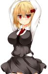  alternate_breast_size arms_up black_skirt blonde_hair blush breasts highres large_breasts looking_at_viewer md5_mismatch red_eyes rumia short_hair simple_background skirt solo touhou us2s white_background 