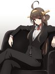  ahoge brown_hair crossed_legs double_bun dress_shirt formal furo_(harirate) hairband headgear kantai_collection kongou_(kantai_collection) long_hair necktie pant_suit shirt sitting solo suit 