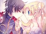  1girl bishoujo_senshi_sailor_moon black_hair blonde_hair blue_eyes blush earrings face-to-face hair_grab hair_kiss jewelry kokonoe_miya long_hair princess_serenity profile seiya_kou star tsukino_usagi 