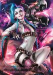  bad_id bad_pixiv_id banned_artist bare_shoulders belt blue_hair blue_nails boots braid bullet cannon crossed_bandaids fingerless_gloves fishnet_legwear fishnets flat_chest gloves grin jewelry jinx_(league_of_legends) league_of_legends long_hair looking_at_viewer nail_polish navel necklace over_shoulder pale_skin purple_legwear red_eyes sakimichan single_thighhigh smile solo tattoo thigh_strap thighhighs twin_braids very_long_hair watermark weapon weapon_over_shoulder web_address 