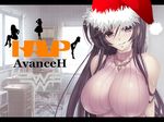  1girl breasts chair cleavage curtain curtains desk hat indoors jewelry large_breasts logo long_hair looking_at_viewer necklace purple_eyes purple_hair santa_hat silhouette smile solo trash_can trashcan window 