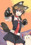  :d ahoge animal_ears black_hair black_serafuku blue_eyes blush braid collar cowboy_shot fang gloves hair_flaps hair_ornament hair_over_shoulder halloween kamoto_tatsuya kantai_collection kemonomimi_mode long_hair looking_at_viewer open_mouth paw_gloves paws school_uniform serafuku shigure_(kantai_collection) single_braid skirt smile solo tail the_yuudachi-like_creature translated twitter_username 