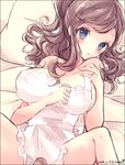  apron artist_name bare_shoulders blue_eyes blush breasts brown_hair dated jewelry kabocha_torute large_breasts long_hair looking_at_viewer lying naked_apron on_back on_bed pillow pokemon pokemon_(game) pokemon_bw ring solo spread_legs touko_(pokemon) wedding_band 