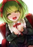  black_dress chiko_(d04099) crying crying_with_eyes_open danganronpa dress green_eyes green_hair hair_ribbon hairband monaka_(danganronpa) open_mouth ribbon short_hair solo symbol-shaped_pupils tears wheelchair zettai_zetsubou_shoujo 