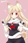  animal_ears bad_id bad_pixiv_id bangs black_gloves black_serafuku black_skirt blonde_hair blouse dog_ears dog_tail fingerless_gloves gloves hair_ornament hairclip kantai_collection long_hair looking_at_viewer neckerchief paw_pose pink_background red_eyes red_neckwear remodel_(kantai_collection) sailor_collar scarf school_uniform serafuku simple_background skirt smile solo tail takehana_note twitter_username upper_body white_scarf yuudachi_(kantai_collection) 