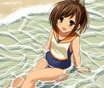  aoki_minami_(+box) beach brown_eyes brown_hair dated i-401_(kantai_collection) kantai_collection outdoors ponytail sailor_collar school_uniform sitting sitting_on_water swimsuit swimsuit_under_clothes water 