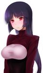  bad_id bad_twitter_id blush breasts duplicate framed_breasts hizuki_akira large_breasts natsume_(pokemon) pokemon purple_hair red_eyes shirt simple_background solo taut_clothes taut_shirt upper_body white_background 