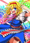  abstract_background alice_margatroid blonde_hair blue_eyes breasts capelet cowboy_shot dress earrings fang hairband highres impossible_clothes jewelry large_breasts leg_garter looking_at_viewer open_mouth puppet_rings puppet_strings rindou_(p41neko) short_hair solo touhou 