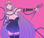  bare_shoulders blindfold breasts buckle chain cleavage collar dagger dress facial_mark fate/stay_night fate_(series) forehead_mark grin large_breasts lips long_hair nameless_dagger purple_background purple_hair rider rota_(bitmap1022) simple_background smile solo thighhighs very_long_hair weapon 