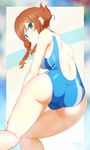  alternate_hairstyle ass blush braid brown_hair competition_swimsuit emanon123 from_behind green_eyes gundam gundam_build_fighters gundam_build_fighters_try hand_on_own_knee highres kamiki_mirai long_hair looking_back one-piece_swimsuit shoulder_blades solo swimsuit twin_braids 