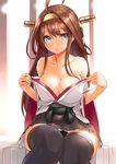  agarwood ahoge bare_shoulders black_legwear blue_eyes blush boots breasts brown_hair cleavage cloth_pull collarbone detached_sleeves double_bun hairband headgear japanese_clothes kantai_collection kongou_(kantai_collection) large_breasts long_hair nontraditional_miko open_mouth ribbon-trimmed_sleeves ribbon_trim solo thigh_boots thighhighs undressing zettai_ryouiki 