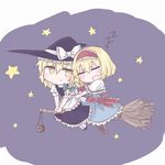  alice_margatroid apron blonde_hair blush boots bow braid broom broom_riding capelet chibi dress hair_bow hairband hand_on_another's_hip hat hbkhk2007 kirisame_marisa long_hair mini-hakkero multiple_girls multiple_riders ribbon short_hair sky sleeping smile star_(sky) touhou witch_hat yellow_eyes zzz 