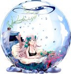  aqua_eyes bad_id bad_pixiv_id bangs barefoot blunt_bangs book breasts bubble bug butterfly cleavage coral devin_lee highres in_bubble insect large_breasts long_hair original plant silver_hair solo transparent_background underwater very_long_hair water 