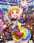  artist_request blonde_hair brown_eyes company_connection earrings fukuda_noriko idolmaster idolmaster_million_live! jewelry kuma_(tekken) microphone midriff mokujin_(tekken) namco official_art short_hair smile tekken 