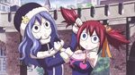  &gt;_&lt; 2girls angry animated animated_gif blue_hair breasts chelia_blendy coat eyes_closed fairy_tail fighting gloves hat juvia_loxar long_hair multiple_girls red_hair skirt twintails 