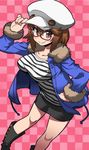  bad_id bad_tumblr_id blush boots breasts brown_eyes brown_hair cabbie_hat casual checkered checkered_background coat hand_on_hip hat hat_tip highres large_breasts matsuda_yuusuke original pencil_skirt short_hair skirt smile solo striped 