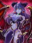  astaroth_(shinrabanshou) black_sclera blue_skin breasts cowboy_shot demon_girl demon_tail demon_wings earrings edobox hand_on_own_chest heart heart_earrings horns jewelry large_breasts long_hair looking_at_viewer navel pointy_ears purple_hair purple_legwear red_wings shinrabanshou smile solo tail thighhighs wings yellow_eyes 