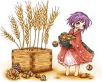  acorn barefoot bowl chestnut chibi highres japanese_clothes kimono minigirl obi open_mouth pinecone purple_hair sash short_hair solo sukuna_shinmyoumaru touhou wheat ys_(ytoskyoku-57) 