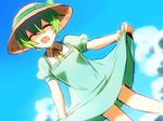  ^_^ blazblue blue_sky closed_eyes cloud curtsey day dress dutch_angle genderswap genderswap_(mtf) green_hair hat hazama kaneaki_mukku puffy_short_sleeves puffy_sleeves short_hair short_sleeves sky sun_hat sundress younger 