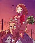  1girl carrying casual closed_eyes food fukuso_hilbert_kuukan gamagoori_ira hands_on_another's_head height_difference kill_la_kill mankanshoku_mako musical_note power_lines shoulder_carry star_(sky) sunset vegetable 