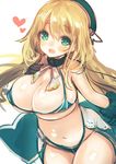  adapted_costume aqua_eyes atago_(kantai_collection) bikini blonde_hair blush breasts cowboy_shot hat heart kantai_collection large_breasts long_hair looking_at_viewer navel open_mouth sketch solo suzuho_hotaru swimsuit white_background 